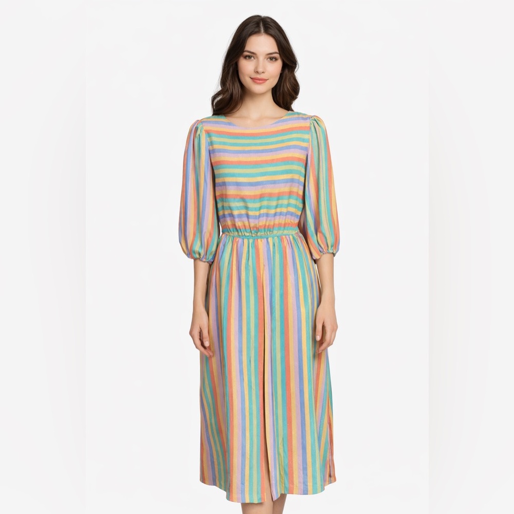 Vintage 1970s Charles Alan Rainbow Stripe Midi Dress | Puff Sleeve Boho
